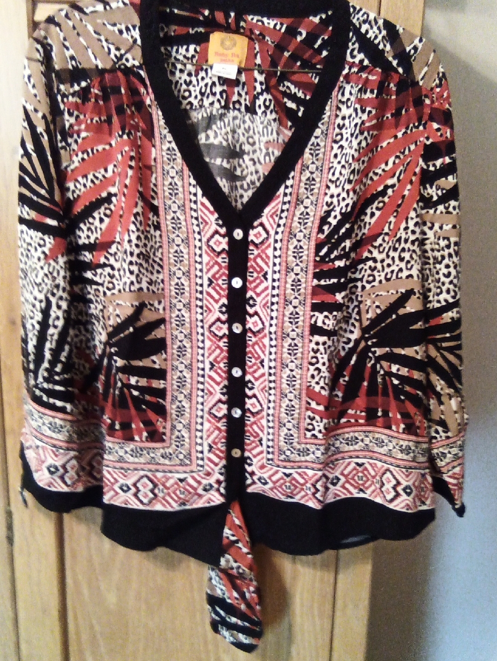 Ruby Rd. Red Black Tan Printed Button-Front Tie Hem Top